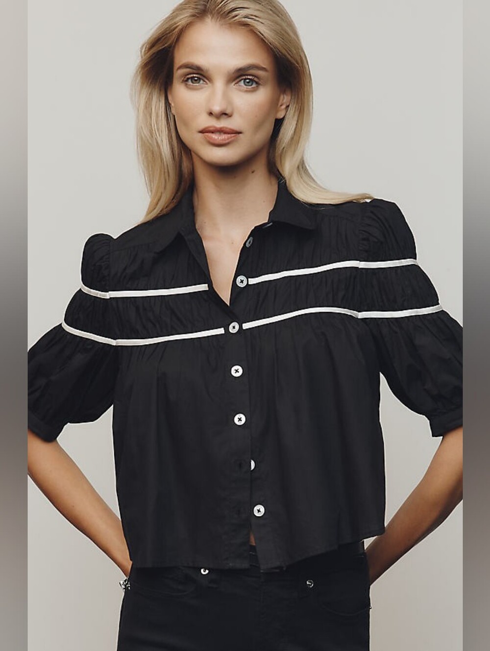 Maeve The Leandra Shirred Yoke Blouse, Black/White, Size Small